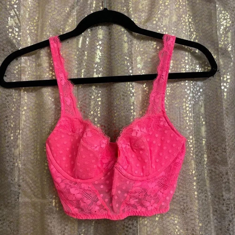 Victorias Secret Dream Angels Bright Pink Lace Polka Dot Corset Bralette 32C